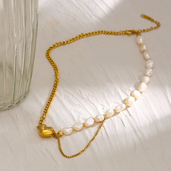 New 18K Gold Natural Pearl Heart Chain Necklace - Picture 13 of 16